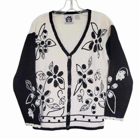 Storybook Knits Black And White V-neck Cardigan Sweater Size M - Picture 1 of 9